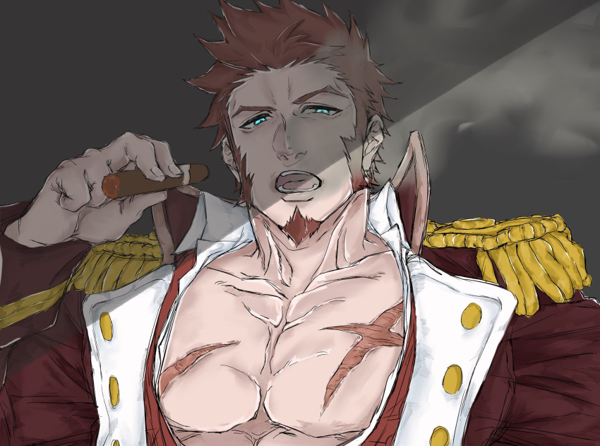 1boy beard blue_eyes brown_hair chest cigar commentary_request epaulettes facial_hair fate/grand_order fate_(series) highres long_sleeves looking_at_viewer male_focus napoleon_bonaparte_(fate/grand_order) open_clothes open_mouth pectorals scar simple_background sketch smoke smoking solo tsubaki_ssk uniform white_background