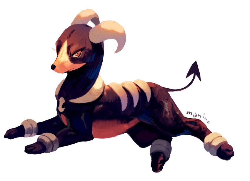black_fur commentary_request dog from_side full_body gen_2_pokemon houndoom looking_at_viewer manino_(mofuritaionaka) no_humans pokemon pokemon_(creature) red_eyes running signature simple_background solo white_background