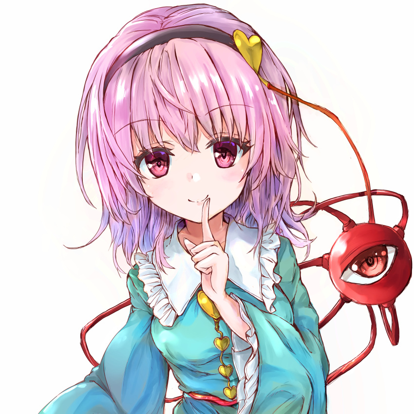 1girl arm_up bangs blue_shirt commentary_request eyebrows_visible_through_hair finger_to_mouth frilled_shirt_collar frills hair_between_eyes hair_ornament hairband heart heart_hair_ornament highres ikazuchi_akira komeiji_satori leaning_to_the_side long_sleeves looking_at_viewer medium_hair pink_eyes pink_hair shirt simple_background smile solo third_eye touhou upper_body white_background wide_sleeves