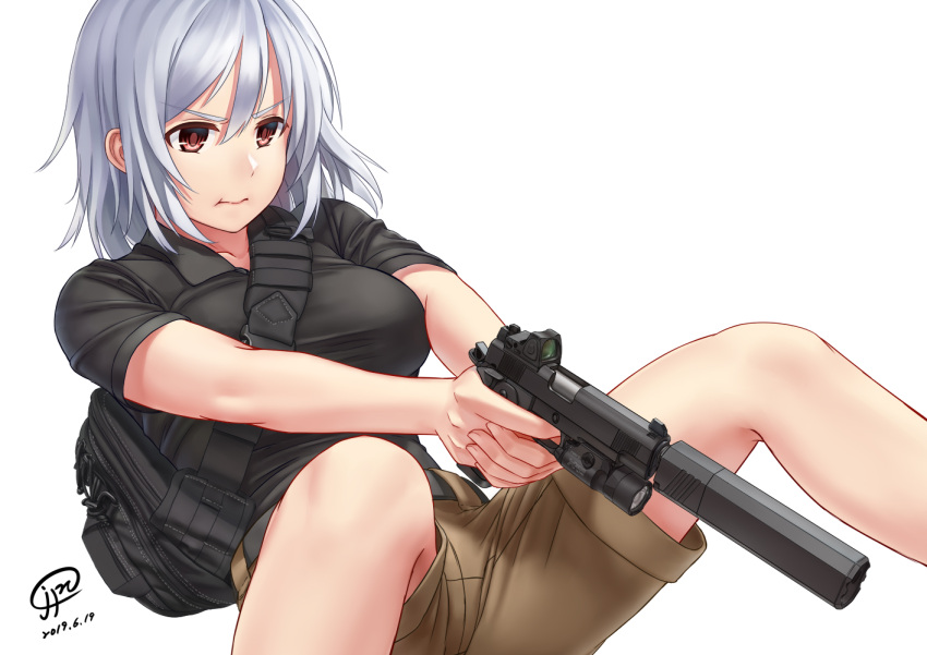 1girl :t backpack bag brown_hair commentary english_commentary eyebrows_visible_through_hair finger_on_trigger flashlight gun handgun jpc m1911 medium_hair original pistol shirt shorts silver_hair solo suppressor t-shirt weapon white_background