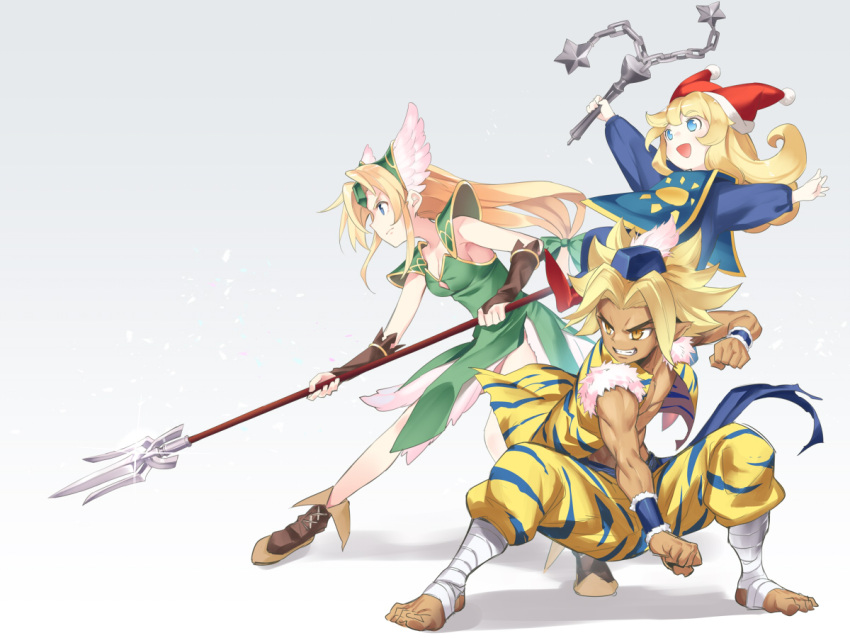 1boy 2girls :d asutora baggy_pants bandaged_leg bandages barefoot blonde_hair blue_eyes boots bridal_gauntlets brown_footwear brown_gloves charlotte_(seiken_densetsu_3) clenched_hands clenched_teeth commentary crossover dark_skin dress fighting_stance flail frown fur_trim gloves gradient gradient_background green_dress grin hat helmet kevin_(seiken_densetsu_3) long_hair looking_away low-tied_long_hair multiple_girls muscle open_mouth pants pointy_ears polearm pom_pom_(clothes) riesz seiken_densetsu seiken_densetsu_3 simple_background smile spear teeth very_long_hair weapon winged_helmet yellow_eyes