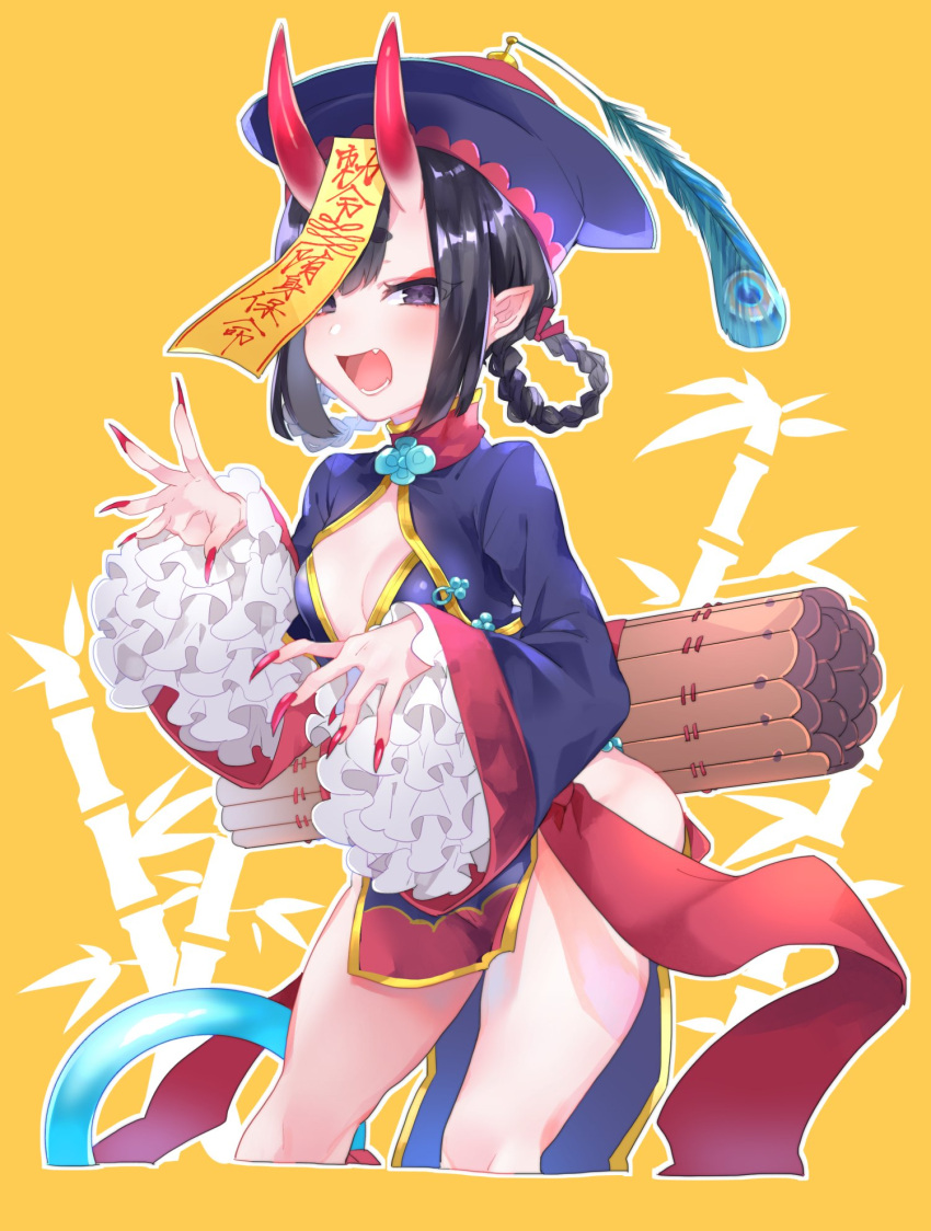 1girl :d alternate_costume alternate_hairstyle bamboo black_hair bottomless braid chinese_clothes cleavage_cutout eyebrows_visible_through_hair eyeshadow fang fate/grand_order fate_(series) fingernails frills hat highres horns jiangshi long_fingernails makeup manami_(fearfac666) nail_polish no_bra no_panties no_underwear ofuda oni open_mouth orange_background peacock_feathers scroll short_eyebrows shuten_douji_(fate/grand_order) simple_background smile violet_eyes
