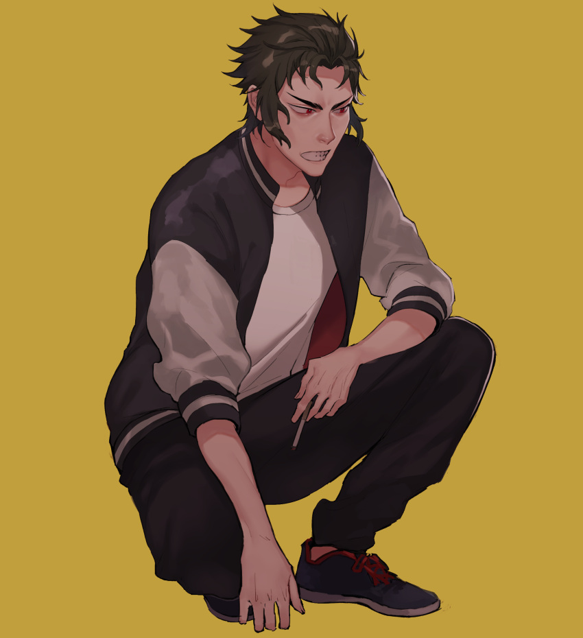 1boy black_footwear black_hair black_pants character_request cigarette clenched_teeth fate/grand_order fate_(series) full_body highres hijikata_toshizou_(fate/grand_order) jacket male_focus pants red_eyes samuraisamurai shoes sideburns simple_background solo squatting teeth yellow_background