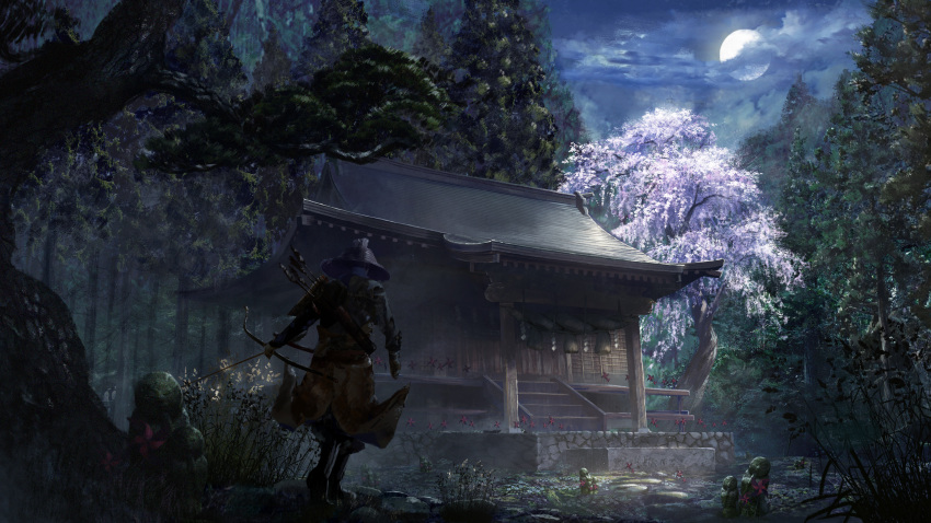 1boy absurdres architecture arrow bow_(weapon) commentary east_asian_architecture helmet highres holding holding_bow_(weapon) holding_weapon moon night original outdoors quiver saito_(esu) scenery shrine solo weapon
