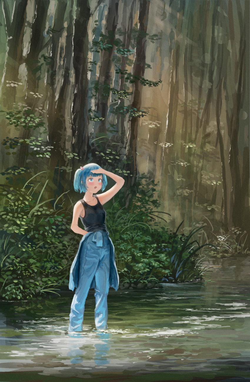 1girl :o alternate_costume arm_up armpit_peek bangs bare_arms black_shirt blue_eyes blue_hair blunt_bangs blush breasts clothes_around_waist collarbone day denim fjsmu forest grass hair_bobbles hair_ornament hand_in_pocket hand_on_own_forehead highres jeans kawashiro_nitori looking_to_the_side looking_up nature no_headwear open_mouth outdoors pants shirt shirt_around_waist sleeveless sleeveless_shirt small_breasts solo standing stream touhou twintails wading