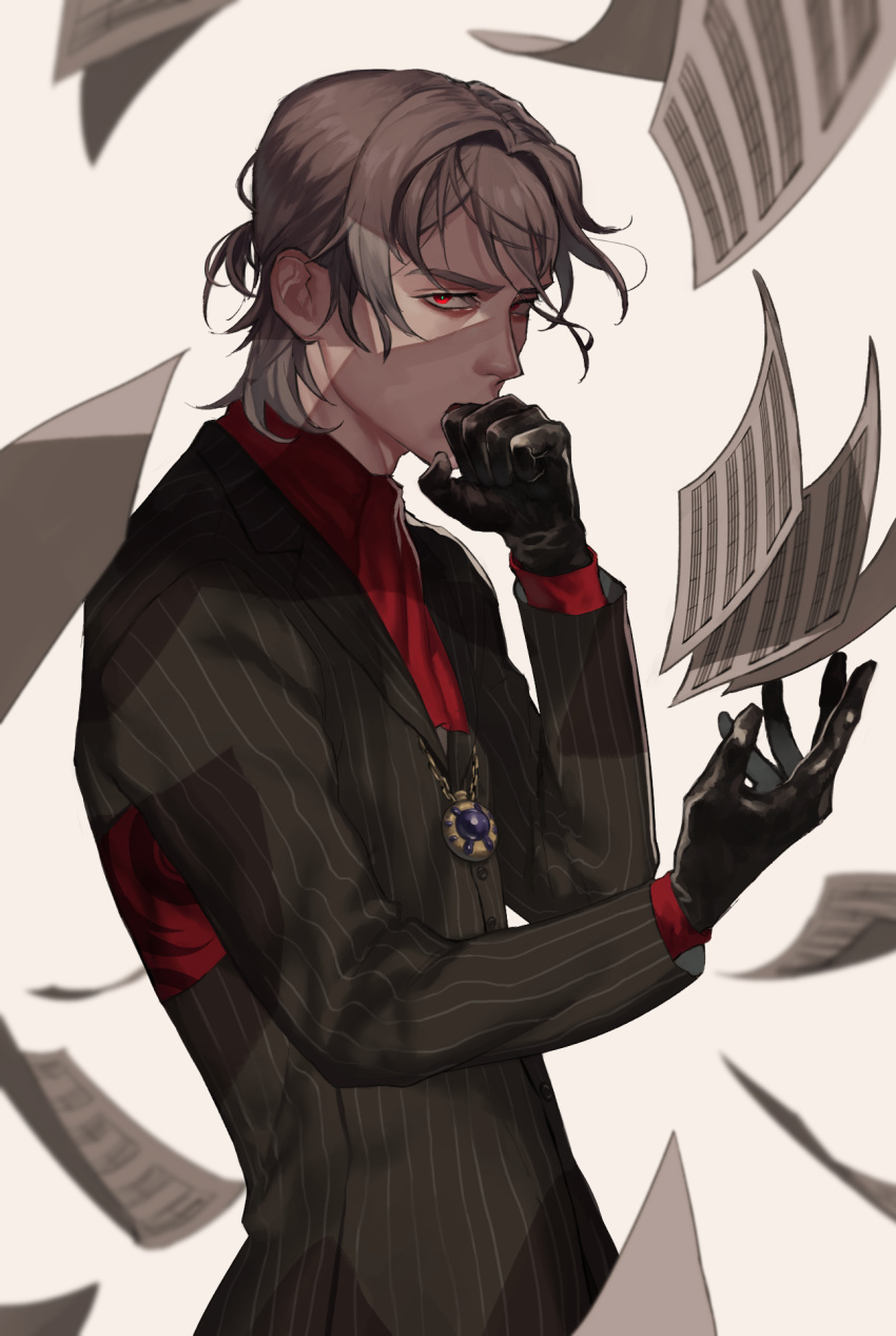 1boy antonio_salieri_(fate/grand_order) black_gloves black_suit fate/grand_order fate_(series) formal gloves hair_between_eyes hand_up highres jewelry long_hair looking_at_viewer male_focus necklace pinstripe_suit red_eyes red_neckwear samuraisamurai sheet_music silver_hair simple_background smile solo striped suit upper_body