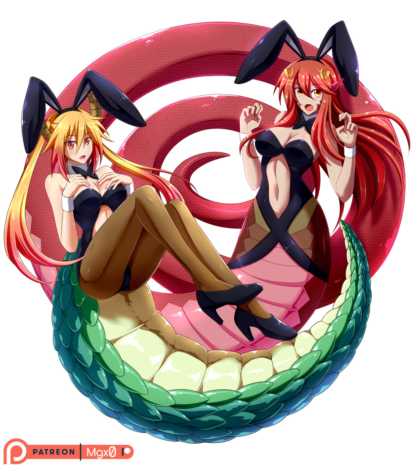 2girls :o absurdres alternate_costume artist_name black_leotard blonde_hair bow bowtie bunnysuit crossover detached_collar dragon_girl dragon_tail eyebrows_visible_through_hair eyes_visible_through_hair fangs floating full_body hair_ornament hairclip hands_on_own_breasts high_heels highres horns kobayashi-san_chi_no_maidragon lamia leotard long_hair mgx0 miia_(monster_musume) monster_girl monster_musume_no_iru_nichijou multicolored_hair multiple_girls navel open_mouth patreon_logo patreon_username pointy_ears red_eyes redhead scales slit_pupils snake_tail tail thigh-highs thighs tooru_(maidragon) white_background wrist_cuffs yellow_eyes