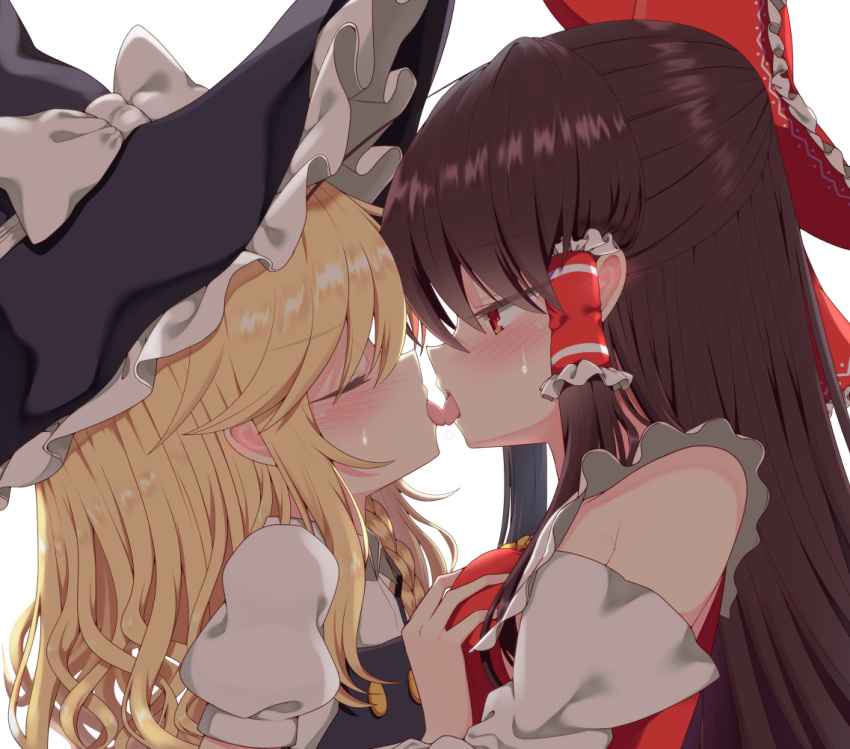 2girls ascot bangs bare_shoulders black_headwear blonde_hair blush bow braid breast_grab breasts brown_hair closed_eyes commentary detached_sleeves eyebrows_visible_through_hair facing_another french_kiss frilled_bow frills from_side grabbing hair_bow hair_tubes hakurei_reimu hat hat_bow kirisame_marisa kiss long_hair long_sleeves looking_at_another medium_breasts multiple_girls profile puffy_short_sleeves puffy_sleeves rankasei red_bow red_eyes shirt short_sleeves sidelocks simple_background single_braid touhou white_background white_bow white_shirt witch_hat yellow_neckwear yuri