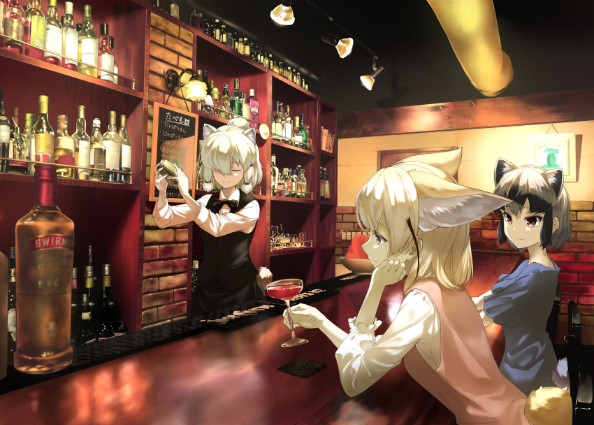 3girls adapted_costume aino-san_(miximixi39) alcohol alpaca_ears alpaca_suri_(kemono_friends) alpaca_tail alternate_costume animal_ear_fluff animal_ears arm_support bangs bar bartender black_hair blonde_hair bottle chair closed_eyes closed_mouth cocktail_shaker common_raccoon_(kemono_friends) contemporary cup drinking_glass extra_ears fennec_(kemono_friends) fox_ears fox_tail frilled_sleeves frills grey_hair hair_bun hair_over_one_eye hand_on_own_cheek head_rest highres holding holding_cup indoors kemono_friends light long_sleeves looking_at_another medium_hair multicolored_hair multiple_girls pink_sweater platinum_blonde_hair raccoon_ears raccoon_tail red_eyes shirt short_hair short_sleeves sidelocks sitting smile standing sweater sweater_vest tail two-tone_hair upper_body vest wine_glass yellow_eyes