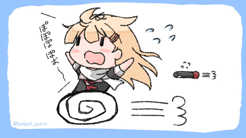1girl 1other black_ribbon black_serafuku blonde_hair chasing commentary_request hair_flaps hair_ribbon kantai_collection long_hair neckerchief open_mouth outstretched_arms red_neckwear remodel_(kantai_collection) ribbon running sattsu scarf school_uniform serafuku torpedo twitter_username wheel_o_feet white_scarf yuudachi_(kantai_collection) |_|