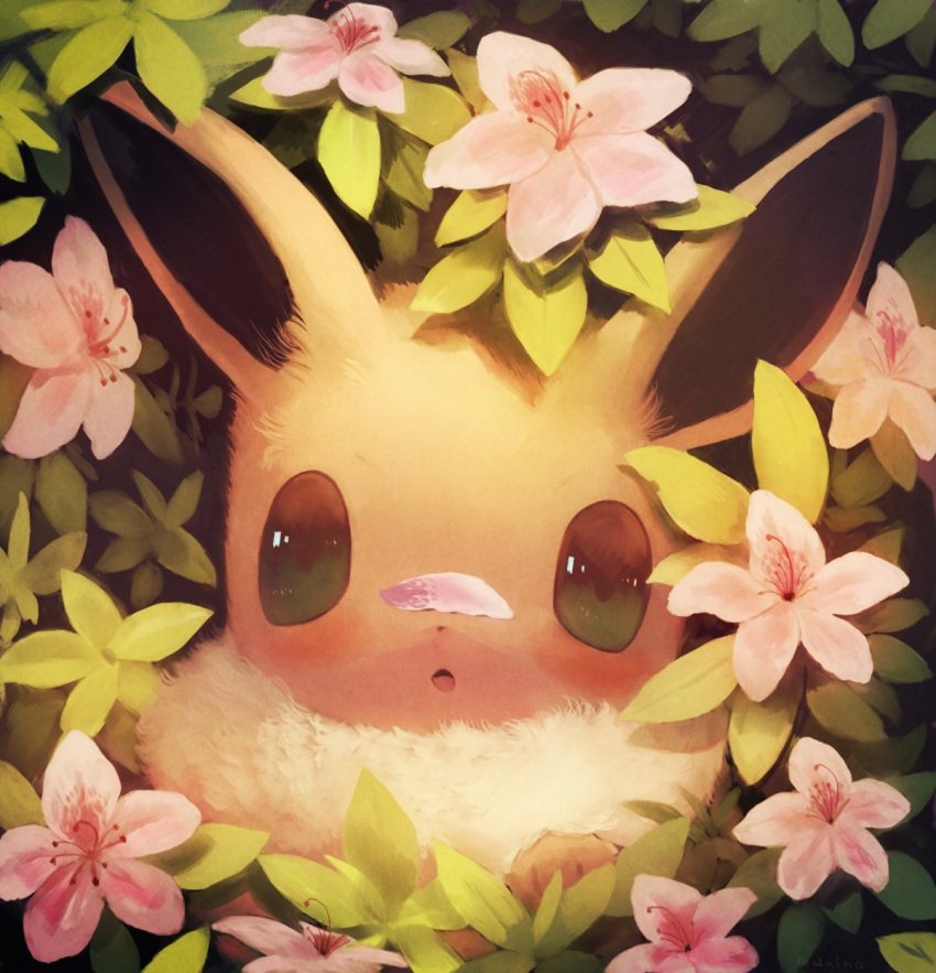 blush commentary_request eevee flower fluffy gen_1_pokemon highres looking_at_viewer manino_(mofuritaionaka) no_humans petals pink_flower plant pokemon pokemon_(creature) solo