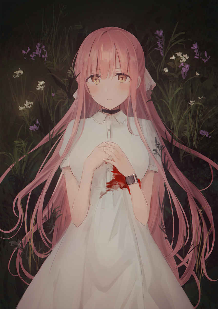 1girl bangs black_choker blood bloody_clothes blush breasts brown_eyes chihuri choker collared_dress commentary dress eyebrows_visible_through_hair fingernails flower grass hair_between_eyes hair_ribbon hands_together hands_up highres long_hair lying on_back on_grass original own_hands_together parted_lips pink_hair purple_flower ribbon short_sleeves small_breasts solo very_long_hair white_dress white_flower white_ribbon yana_(chihuri)