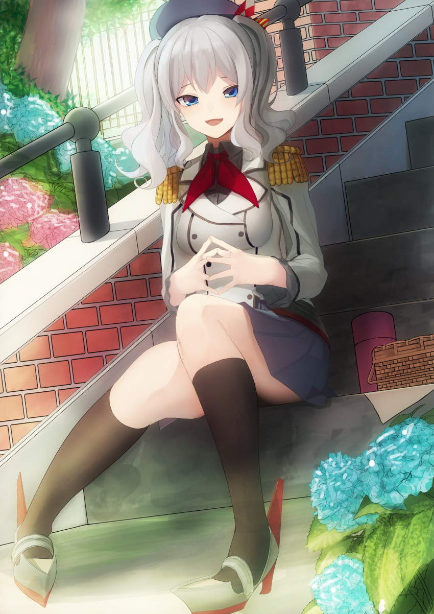 1girl :d basket beret black_legwear blue_eyes brick_wall collared_shirt commentary_request epaulettes fence fingers_together flower frilled_sleeves frills grey_shirt hair_between_eyes hat high_heels highres hydrangea jacket kantai_collection kashima_(kantai_collection) long_sleeves military military_jacket military_uniform miniskirt neckerchief open_mouth outdoors pleated_skirt ra_9 red_neckwear shirt shoes sidelocks silver_hair sitting sitting_on_stairs skirt smile socks stairs thermos tied_hair tree tsurime twintails uniform wavy_hair white_jacket