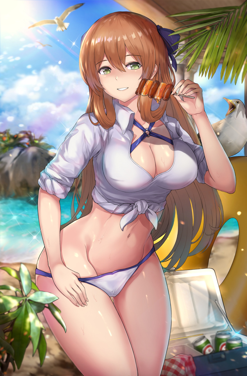1girl absurdres alternate_costume beach beluga_dolphin bikini bikini_tug bird blue_sky blush breasts brown_hair clouds commentary_request cooler day eyebrows_visible_through_hair girls_frontline glint green_eyes grin groin hair_between_eyes hair_rings highres large_breasts long_hair looking_at_viewer m1903_springfield_(girls_frontline) navel outdoors plant revision seagull shirt sidelocks sky smile solo stomach sunlight swimsuit tied_shirt wet white_bikini white_shirt