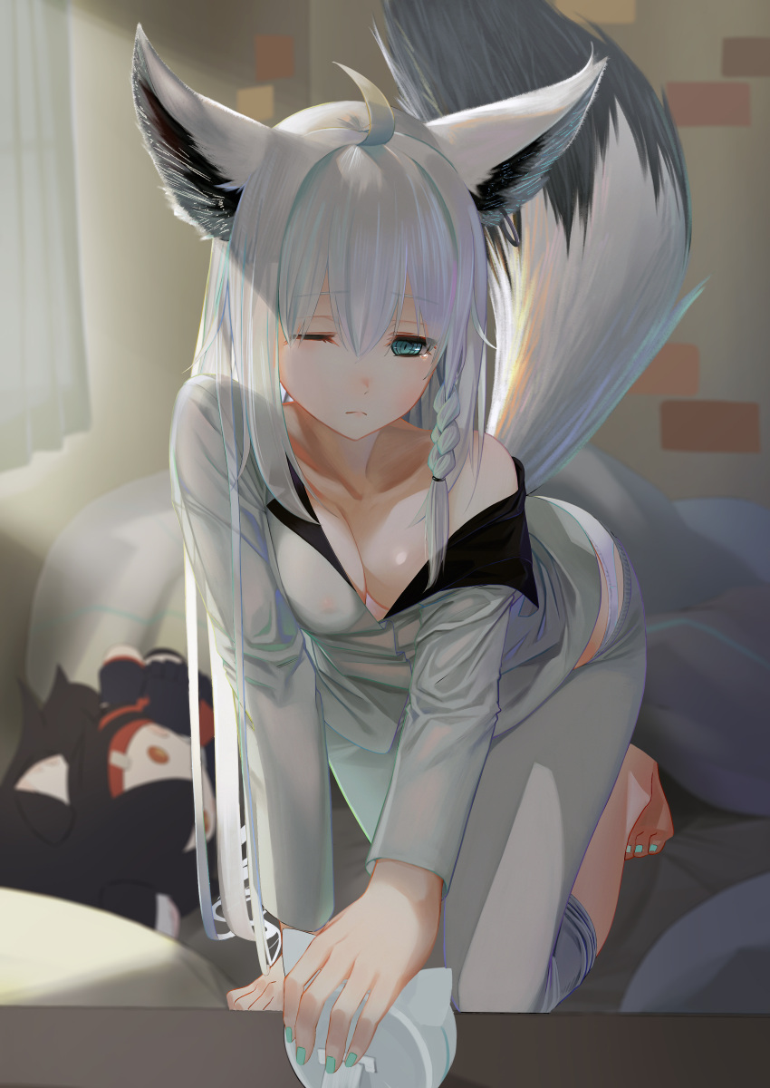 1girl absurdres ahoge alarm_clock all_fours animal_ears bed bed_sheet blanket braid breasts clock collarbone commentary_request curtains eyebrows_visible_through_hair fox_ears fox_tail frown green_eyes hair_between_eyes highres hololive long_hair mer one_eye_closed pajamas panties shirakami_fubuki silver_hair solo stuffed_toy tail two-tone_fur underwear virtual_youtuber white_hair white_panties