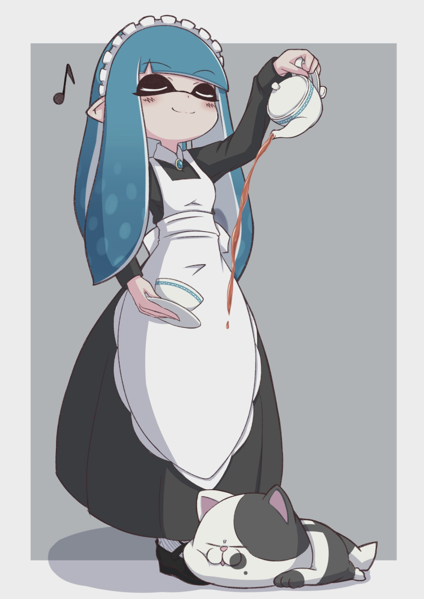 1girl absurdres animal apron arm_up black_dress black_footwear blue_hair brooch cat closed_mouth cup decantering domino_mask dress eighth_note eyebrows_visible_through_hair highres holding inkling jajji-kun_(splatoon) jewelry long_hair long_sleeves maid maid_apron maid_headdress mary_janes mask musical_note pointy_ears shadow shinako shoes smile splatoon_(series) standing tea teacup teapot tentacle_hair white_apron white_legwear