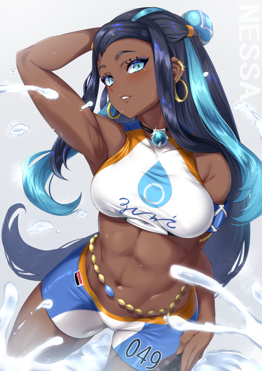 1girl abs arm_behind_head armlet bangs belly_chain black_hair blue_eyes blue_hair blush breasts clothes_writing collarbone commentary_request contrapposto cowboy_shot dark_skin earrings eyebrows_visible_through_hair gloves gradient gradient_background hair_bun highres holding holding_poke_ball hoop_earrings jewelry long_hair looking_at_viewer moisture_(chichi) multicolored_hair navel necklace parted_bangs poke_ball pokemon pokemon_(game) pokemon_swsh rurina_(pokemon) sidelocks signature simple_background smile solo standing swimsuit tankini toned two-tone_hair