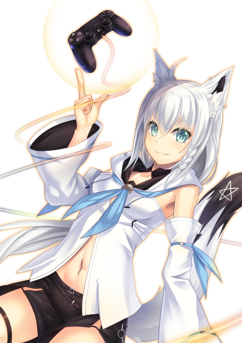 1girl absurdres animal_ear_fluff animal_ears black_shorts blue_eyes blue_neckwear breasts closed_mouth controller cowboy_shot detached_sleeves fox_ears fox_tail game_controller hair_between_eyes highres hololive hyui_cf2 index_finger_raised long_hair long_sleeves looking_at_viewer midriff navel shirakami_fubuki short_shorts shorts silver_hair small_breasts smile solo stomach tail thigh_strap very_long_hair white_background white_sleeves