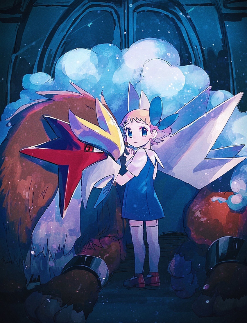 1girl blue_bow blue_dress blue_eyes bow dress entei gen_2_pokemon hair_bow highres indoors legendary_pokemon looking_at_viewer me_snowdon mu_acrt pink_hair pokemon_m03 red_footwear short_dress short_hair short_sleeves thigh-highs white_legwear