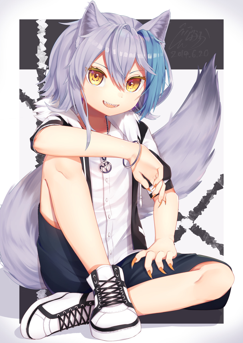1girl absurdres animal_ears arm_on_knee bangle black_shorts bracelet butterfly_sitting claws commentary_request dated fangs flat_chest fur-trimmed_jacket fur_collar fur_trim gunjou_row hair_between_eyes high_tops highres jacket jewelry knee_up lavender_hair looking_at_viewer multicolored_hair necklace on_ground open_mouth open_track_jacket orange_nails original peace_symbol shadow sharp_teeth shirt shoes short_hair shorts signature sitting sneakers solo streaked_hair tail teeth track_jacket two-tone_background white_shirt wolf_ears wolf_tail yellow_eyes