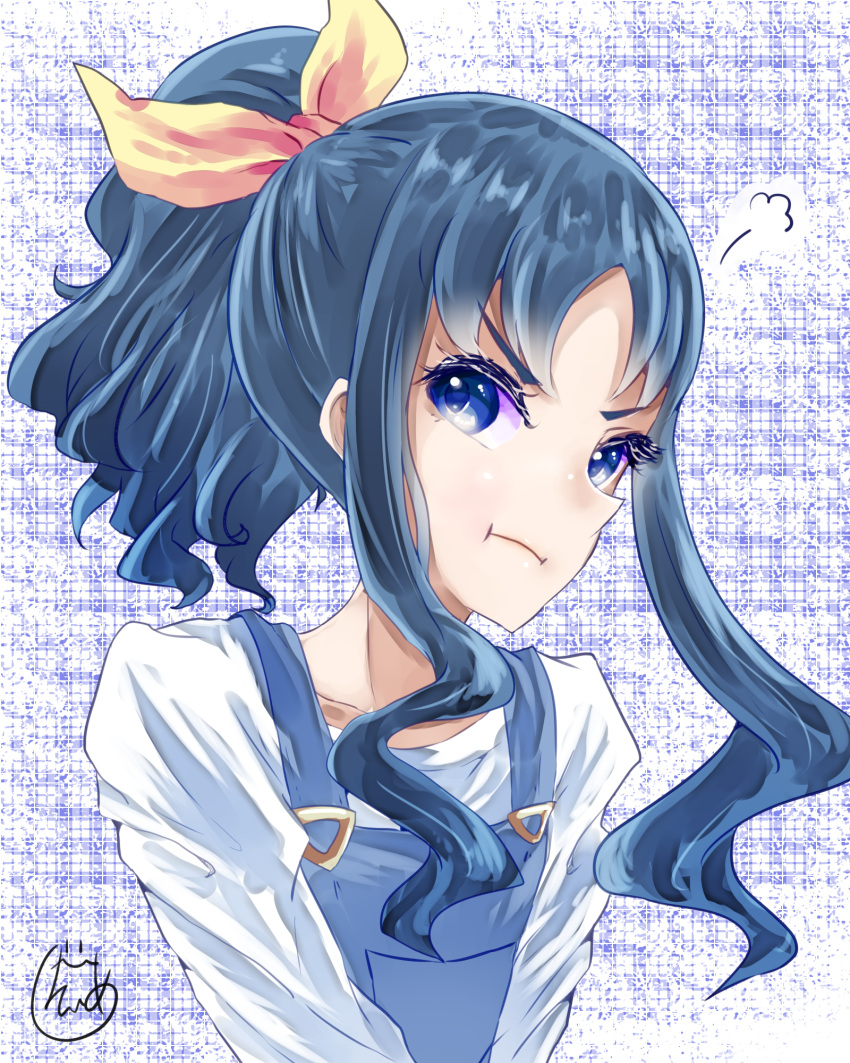 1girl :t blue_eyes blue_hair bow collarbone g_tear hair_bow heartcatch_precure! high_ponytail highres kurumi_erika long_hair looking_at_viewer overalls pout precure shirt sidelocks solo upper_body white_shirt yellow_bow