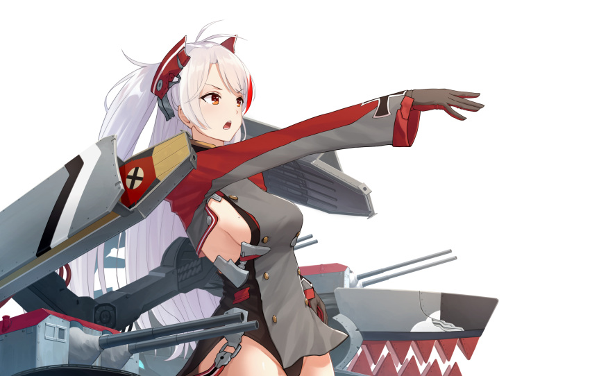1girl absurdres ahoge azur_lane breasts coat cowboy_shot erezu gloves grey_gloves headpiece highres iron_cross long_hair long_sleeves medium_breasts mole mole_on_breast multicolored_hair open_mouth orange_eyes outstretched_arm prinz_eugen_(azur_lane) red_gloves redhead rigging sideboob silver_hair simple_background solo thighs turret twintails two-tone_gloves two-tone_hair white_background