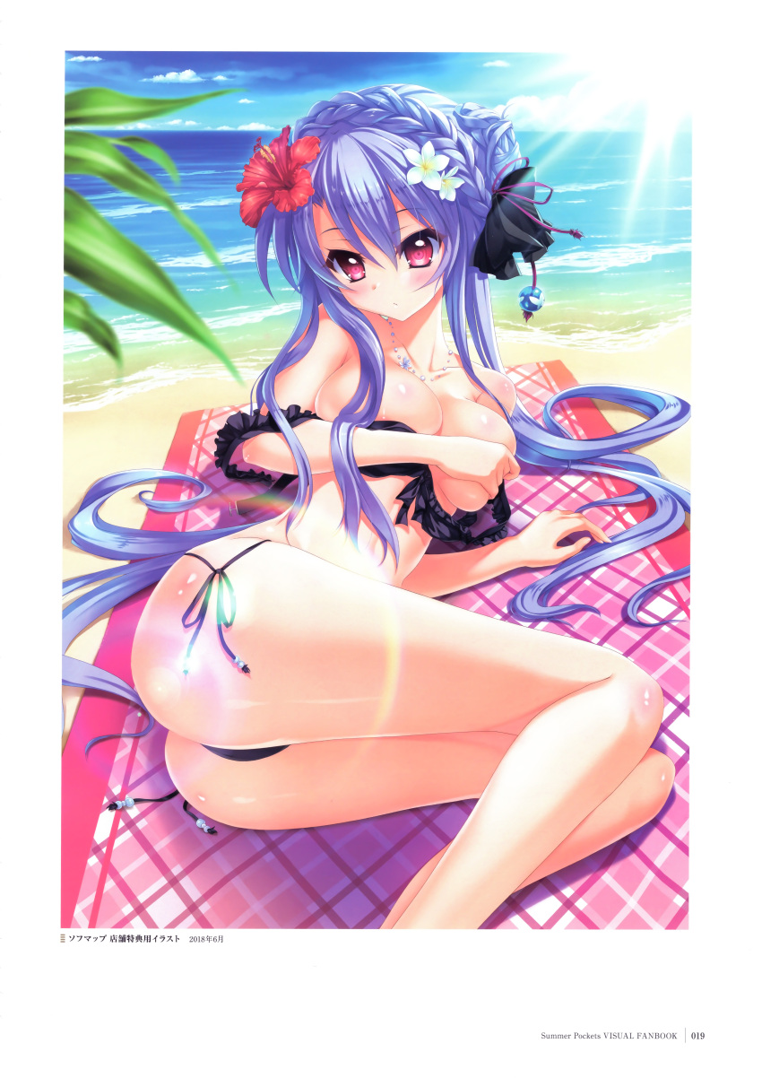 1girl absurdres ass bangs bare_shoulders beach beach_towel bikini blue_hair blue_sky blush bow braid breasts closed_mouth clouds cloudy_sky collarbone covering covering_breasts crown_braid day eyebrows_visible_through_hair flower hair_bow hair_flower hair_ornament hibiscus highres izumi_tsubasu jewelry leaf lying medium_breasts necklace ocean official_art on_side outdoors page_number scan shiny shiny_hair shiny_skin sky solo summer_pockets sunlight swimsuit thighs tied_hair towel violet_eyes water