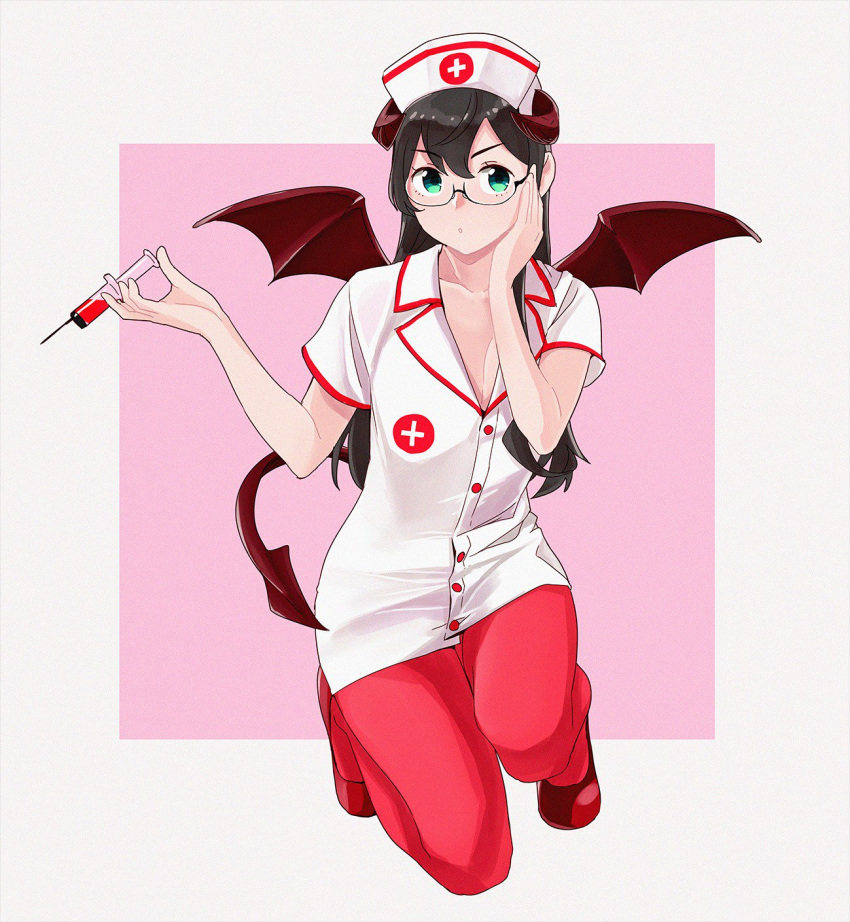 1girl alternate_costume bangs black_hair blush breasts commentary demon_horns demon_tail demon_wings dress eyebrows_visible_through_hair full_body glasses green_eyes hair_between_eyes hat highres holding horns kantai_collection long_hair looking_at_viewer nurse nurse_cap ojipon ooyodo_(kantai_collection) pantyhose parted_lips semi-rimless_eyewear short_dress short_sleeves simple_background solo symbol_commentary syringe tail under-rim_eyewear wings