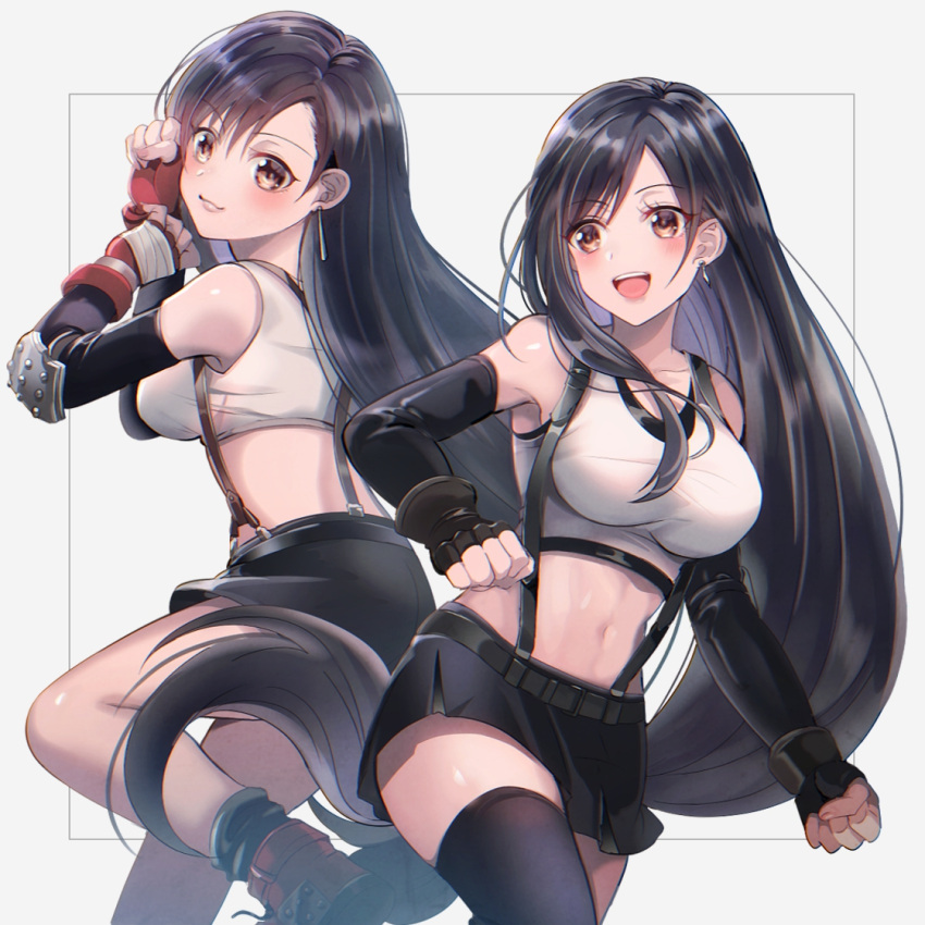 1girl :d black_gloves black_hair black_legwear black_skirt blush breasts clenched_hand commentary_request dual_persona earrings eyebrows_visible_through_hair final_fantasy final_fantasy_vii final_fantasy_vii_remake fingerless_gloves gloves grey_background jewelry large_breasts long_hair low-tied_long_hair midriff navel onk_(kkkarb) open_mouth red_footwear red_gloves skirt smile solo suspender_skirt suspenders tank_top thigh-highs tifa_lockhart very_long_hair zettai_ryouiki