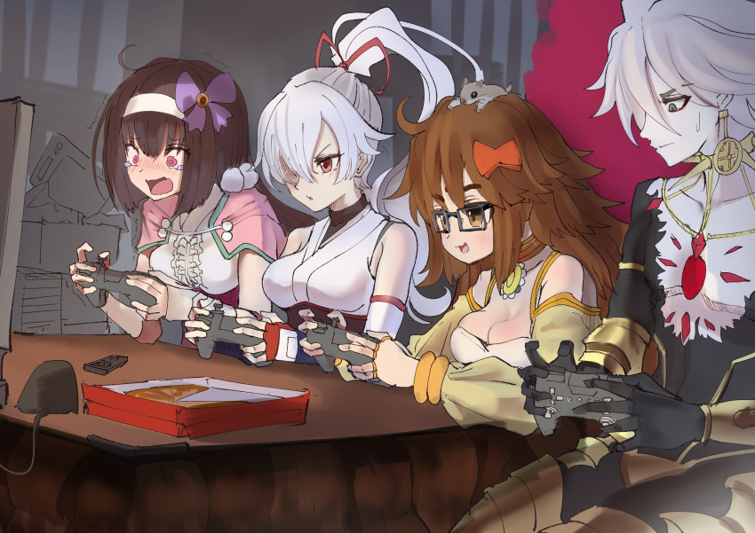 1boy 3girls absurdres bodysuit bow brown_eyes brown_hair earrings fate/grand_order fate_(series) flower food ganesha_(fate) glasses hair_bow hair_flower hair_ornament hairband highres japanese_clothes jewelry jinako_carigiri karna_(fate) long_hair multiple_girls open_mouth osakabe-hime_(fate/grand_order) pink_eyes pizza pizza_box playing_games ponytail red_bow sitting spiky_hair tomoe_gozen_(fate/grand_order) trait_connection very_long_hair wavy_eyes white_hair white_skin