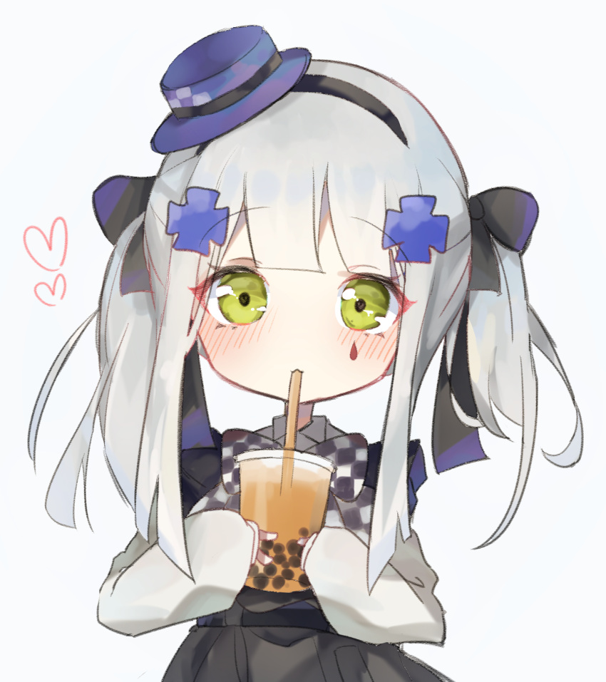 1girl bangs black_bow black_hairband black_skirt blue_headwear blush bow bubble_tea checkered checkered_bow closed_mouth collared_shirt commentary cup disposable_cup drinking drinking_straw eyebrows_visible_through_hair facial_mark girls_frontline green_eyes grey_background hair_bow hair_ornament hairband hat heart highres hk416_(girls_frontline) holding holding_cup long_hair long_sleeves meow_nyang mini_hat shirt silver_hair simple_background skirt sleeves_past_wrists solo tilted_headwear twintails white_shirt