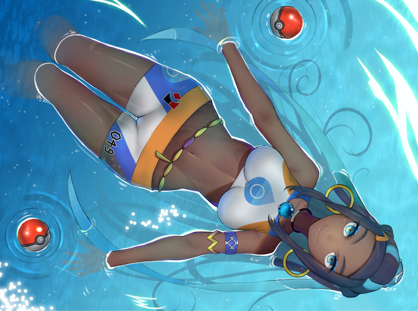 1girl armband armlet belly_chain black_hair blue_eyes blue_hair breasts clothes_writing dark_skin earrings eyeshadow floating gatchan hair_ornament hairclip highres hoop_earrings jewelry long_hair looking_at_viewer lying makeup medium_breasts multicolored_hair navel necklace on_back poke_ball pokemon pokemon_(game) pokemon_swsh ripples rurina_(pokemon) short_shorts shorts sidelocks smile solo stomach swimsuit tankini two-tone_hair very_long_hair water