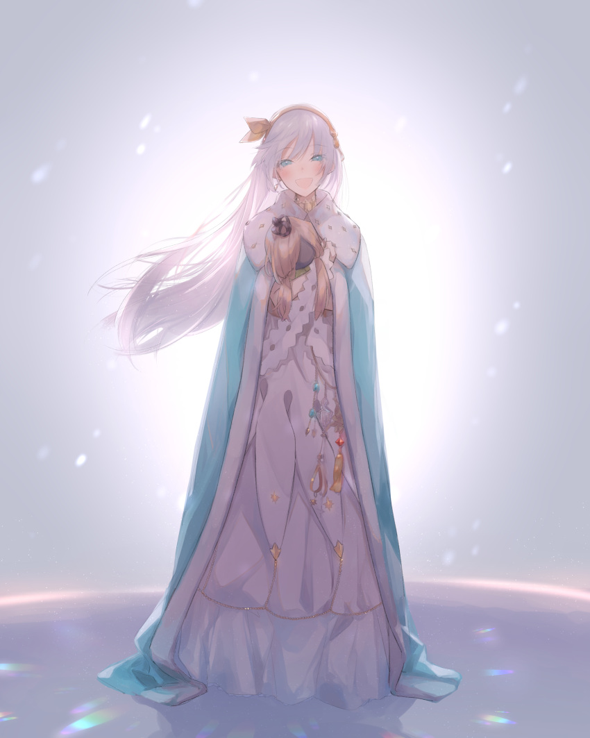 1girl :d absurdres anastasia_(fate/grand_order) ashita_kura blue_eyes cloak doll dress earrings eyebrows_visible_through_hair fate/grand_order fate_(series) full_body gem hairband highres holding holding_doll jewelry long_hair necklace open_mouth silver_hair single_earring smile solo