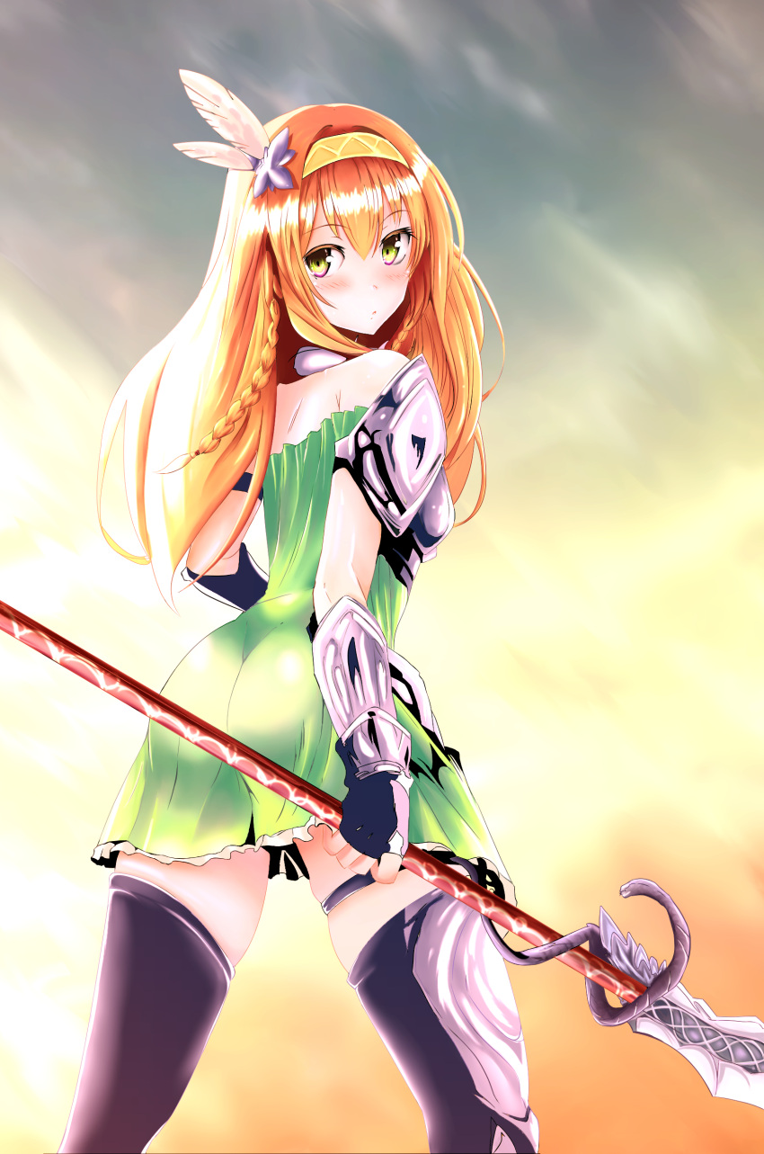1girl absurdres ass bare_shoulders bracer braid elbow_gloves english_commentary feathers gloves grey_sky hair_feathers hairband highres holding holding_weapon long_hair looking_at_viewer looking_back orange_hair outdoors polearm sennen_sensou_aigis sky solo spear standing thetis_(sennen_sensou_aigis) weapon white_legwear yellow_eyes yellow_hairband zahidmeh