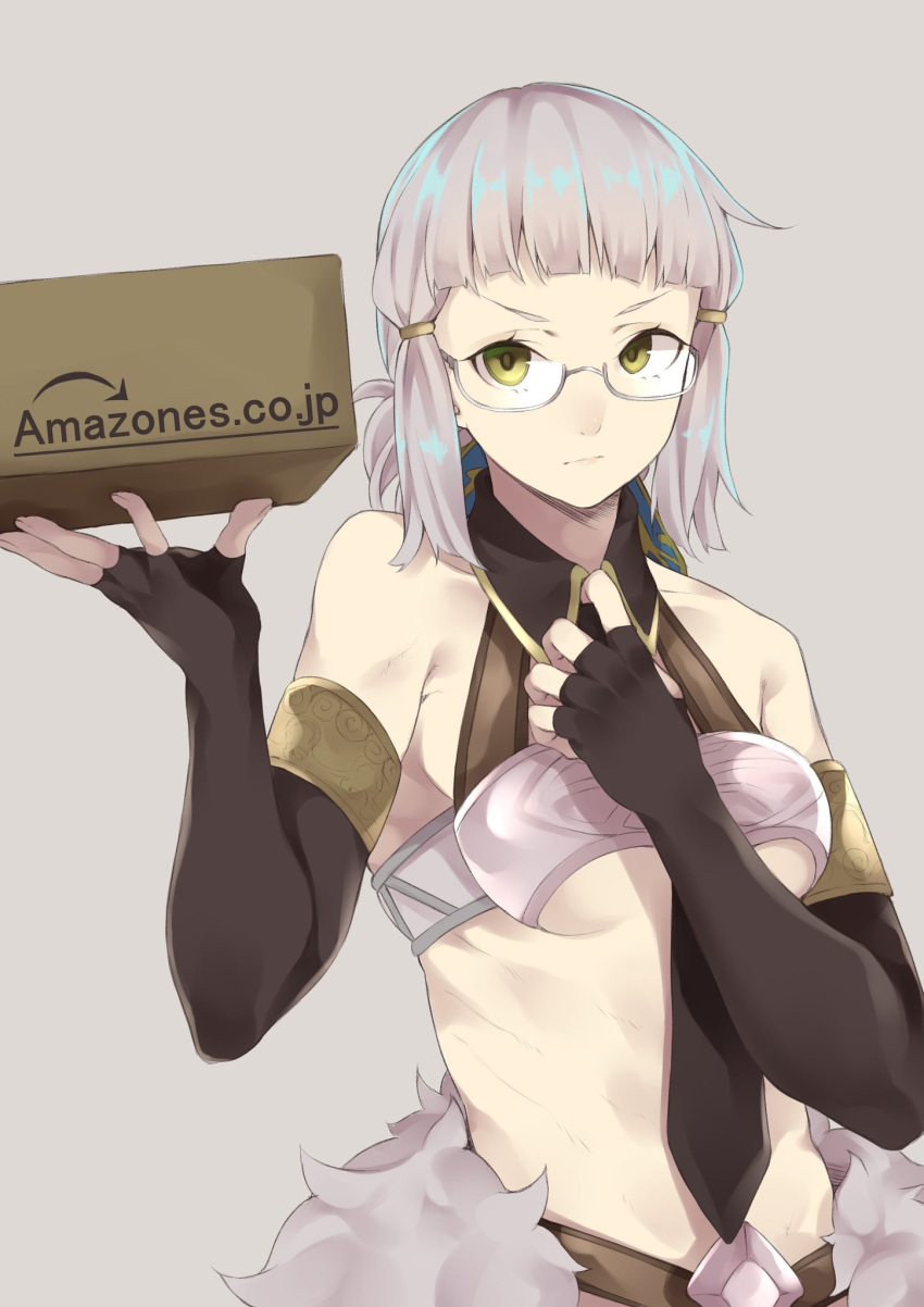 1girl adjusting_clothes adjusting_necktie amazon_(company) bespectacled black_gloves box commentary_request e_draw_paint elbow_gloves fate/grand_order fate_(series) fingerless_gloves glasses gloves grey_background highres looking_at_viewer midriff necktie penthesilea_(fate/grand_order) semi-rimless_eyewear short_hair silver_hair simple_background solo under-rim_eyewear yellow_eyes