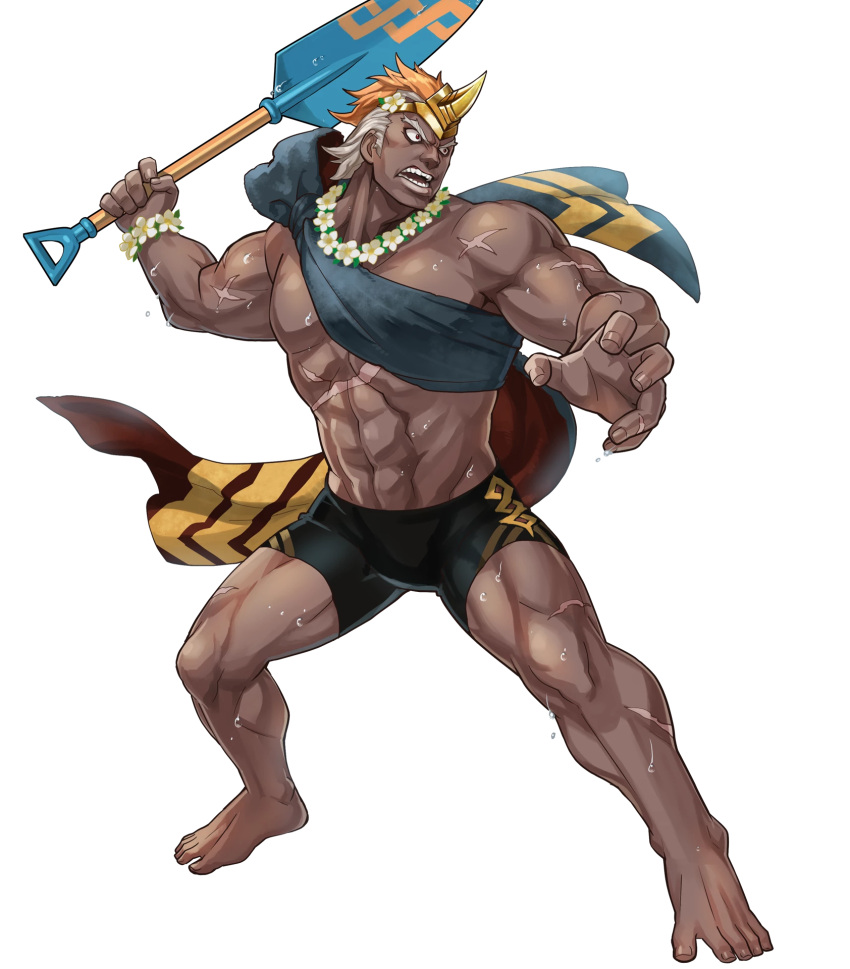 1boy alternate_costume barefoot dark_skin fire_emblem fire_emblem_heroes flower full_body helbindi_(fire_emblem_heroes) highres horn_ornament jewelry leaf male_focus multicolored_hair necklace official_art open_mouth orange_hair red_eyes scar shovel solo swimsuit teeth transparent_background two-tone_hair white_hair