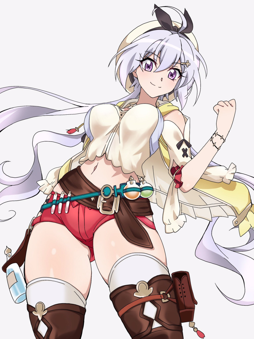 1girl atelier_(series) atelier_ryza boots breasts clenched_hand contrapposto cosplay emmxd325 grey_hair hair_between_eyes highres large_breasts long_hair midriff navel reisalin_stout reisalin_stout_(cosplay) senki_zesshou_symphogear skindentation smile solo thigh-highs thigh_boots thigh_pouch thighhighs_under_boots thighs vial violet_eyes white_background white_legwear yukine_chris