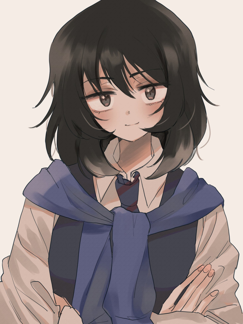 1girl andou_(girls_und_panzer) bangs bc_freedom_school_uniform black_hair blue_sweater blush brown_eyes crossed_arms dark_skin emitasu-sensei eyebrows_visible_through_hair girls_und_panzer head_tilt highres long_sleeves looking_at_viewer medium_hair messy_hair necktie school_uniform shirt simple_background smile solo sweater sweater_around_neck vest white_background white_shirt