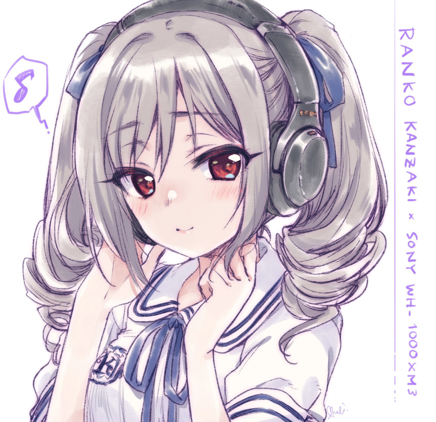 1girl artist_name bangs black_ribbon character_name closed_mouth drill_hair eighth_note english_text eyebrows_visible_through_hair hair_ribbon hands_in_hair headphones highres idolmaster idolmaster_cinderella_girls kanzaki_ranko kuroi_mimei light_blush looking_at_viewer medium_hair musical_note portrait red_eyes ribbon signature silver_hair smile solo spoken_musical_note twin_drills twintails