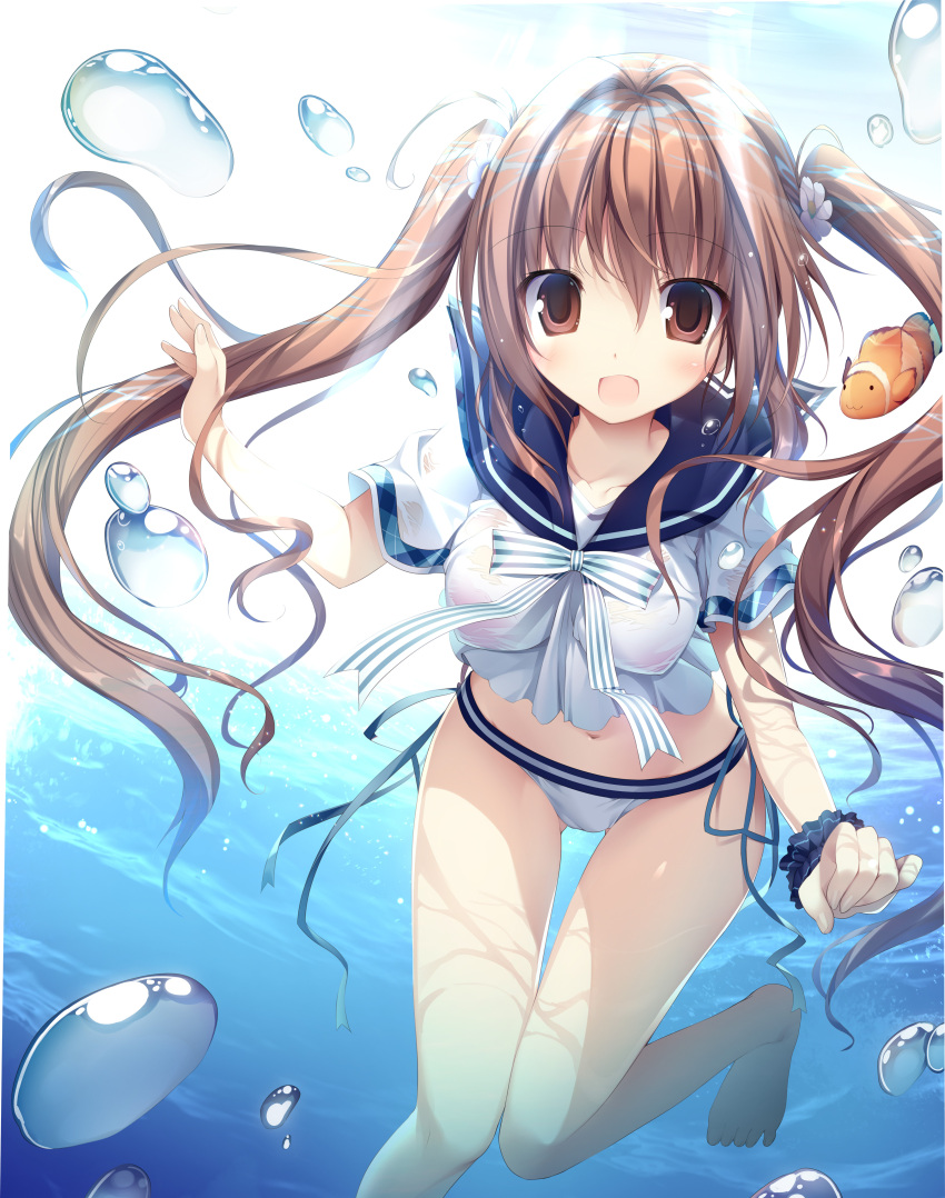 1girl 1other absurdres air_bubble barefoot bikini black_sailor_collar blue_scrunchie brown_eyes brown_hair bubble clownfish commentary_request highres karory long_hair looking_at_viewer midriff navel open_mouth original sailor_collar sailor_shirt school_uniform scrunchie serafuku shirt side-tie_bikini swimsuit swimsuit_under_clothes twintails white_bikini wrist_scrunchie