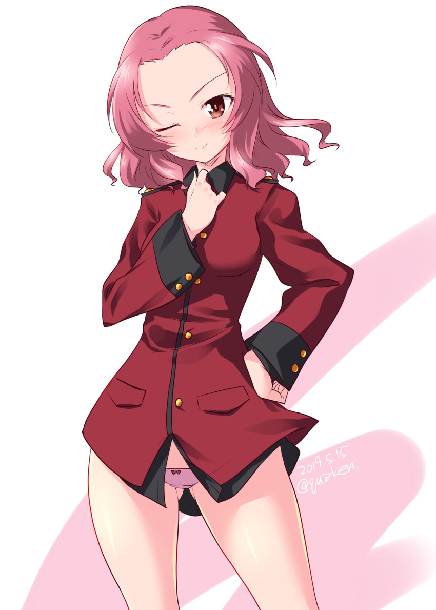 1girl ;) ass_visible_through_thighs blush bow bow_panties brown_eyes collar_tug commentary cowboy_shot crotch_seam epaulettes girls_und_panzer head_tilt highres jacket kuzuryuu_kennosuke long_sleeves looking_at_viewer medium_hair military military_uniform no_pants one_eye_closed open_mouth panties pink_panties red_jacket redhead rosehip simple_background smile solo st._gloriana's_military_uniform standing thighs underwear uniform white_background wind