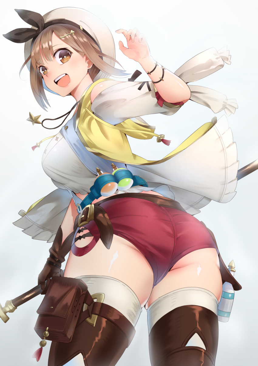 1girl :d ass atelier_(series) atelier_ryza brown_eyes brown_gloves brown_hair brown_legwear from_behind gloves gradient gradient_background grey_background haowei_wu highres jewelry looking_at_viewer necklace open_mouth red_shorts reisalin_stout short_hair short_shorts shorts single_glove smile solo star teeth thigh-highs upper_body white_headwear white_legwear