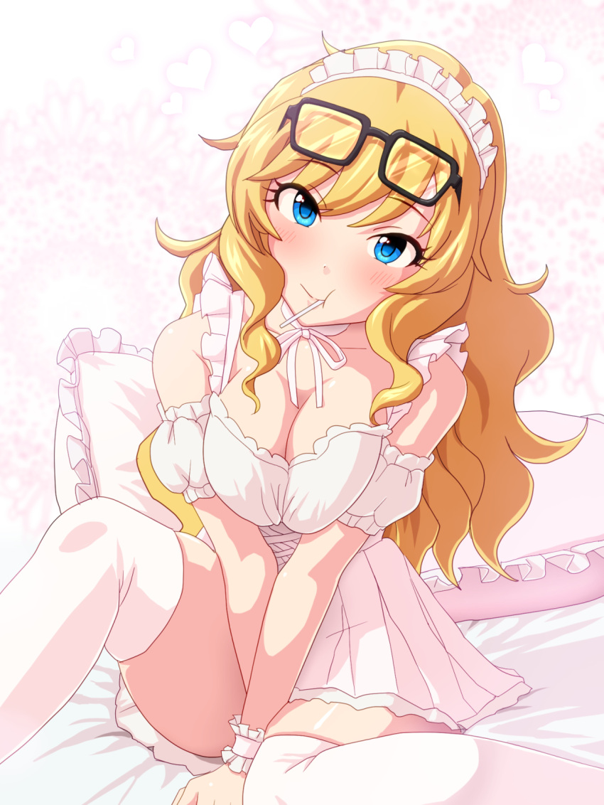 1girl black-framed_eyewear blonde_hair blue_eyes blush breast_squeeze breasts candy commentary_request detached_sleeves dress eyewear_on_head food glasses head_tilt heart highres idolmaster idolmaster_cinderella_girls kezune_(i-_-i) large_breasts lollipop long_hair looking_at_viewer maid_headdress mouth_hold on_bed ootsuki_yui pillow short_dress short_sleeves sitting sitting_on_bed solo thigh-highs white_dress white_legwear