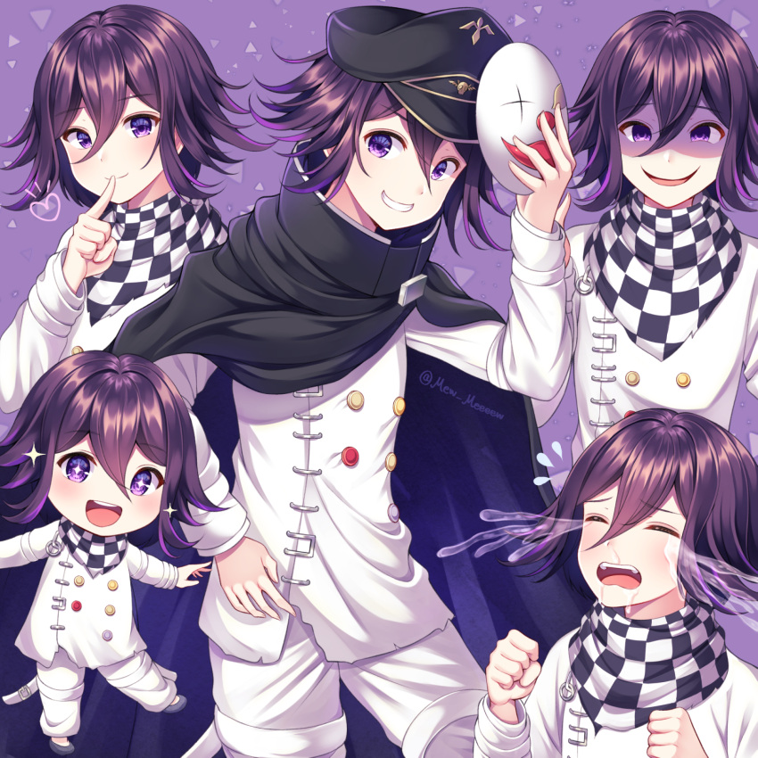 black_hair black_headwear cape checkered checkered_scarf chibi clenched_hands commentary_request crying dangan_ronpa evil_grin evil_smile eyebrows_visible_through_hair face_mask grin hair_between_eyes hat heart highres holding holding_mask looking_at_viewer male_focus mask mask_removed multiple_views nabekokoa new_dangan_ronpa_v3 ouma_kokichi purple_hair scarf shaded_face simple_background smile straitjacket symbol-shaped_pupils tears teeth violet_eyes
