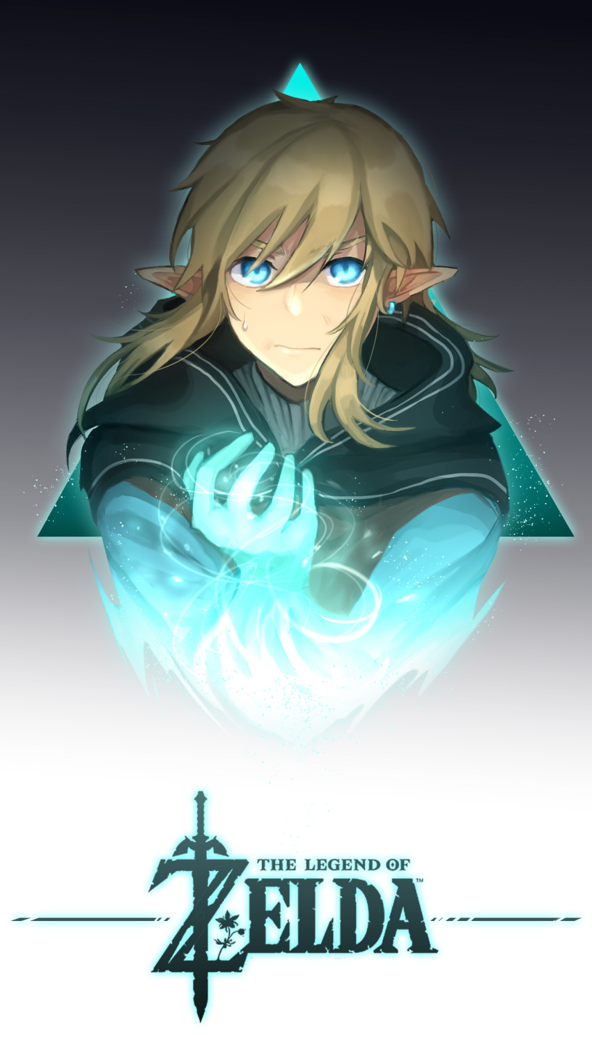 1boy absurdres black_cloak blonde_hair blue_eyes cloak commentary copyright_name earrings face hair_between_eyes highres jewelry link looking_at_viewer magic pointy_ears solo sweatdrop the_legend_of_zelda the_legend_of_zelda:_breath_of_the_wild triforce user_ywzu5538