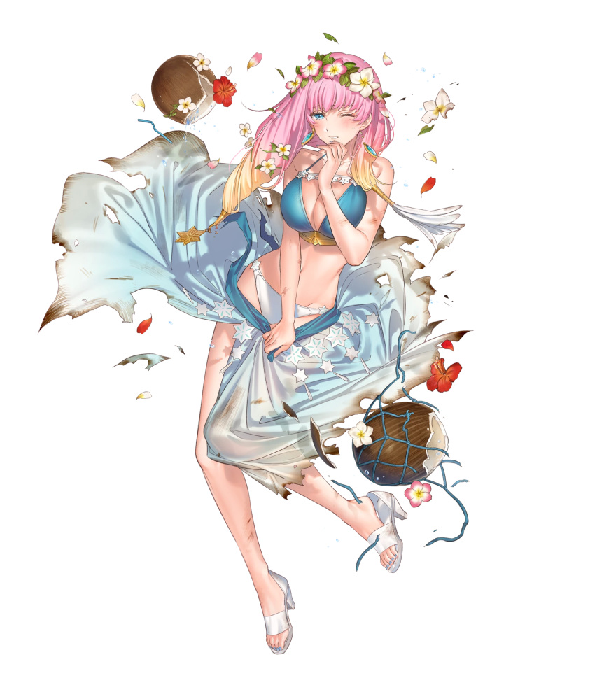 bangs bare_arms bikini blonde_hair blue_eyes breasts earrings fire_emblem fire_emblem_heroes flower full_body gradient gradient_hair gunnthra_(fire_emblem) hair_flower hair_ornament highres jewelry kippu large_breasts long_hair multicolored_hair nail_polish official_art pink_hair sandals swimsuit toes transparent_background