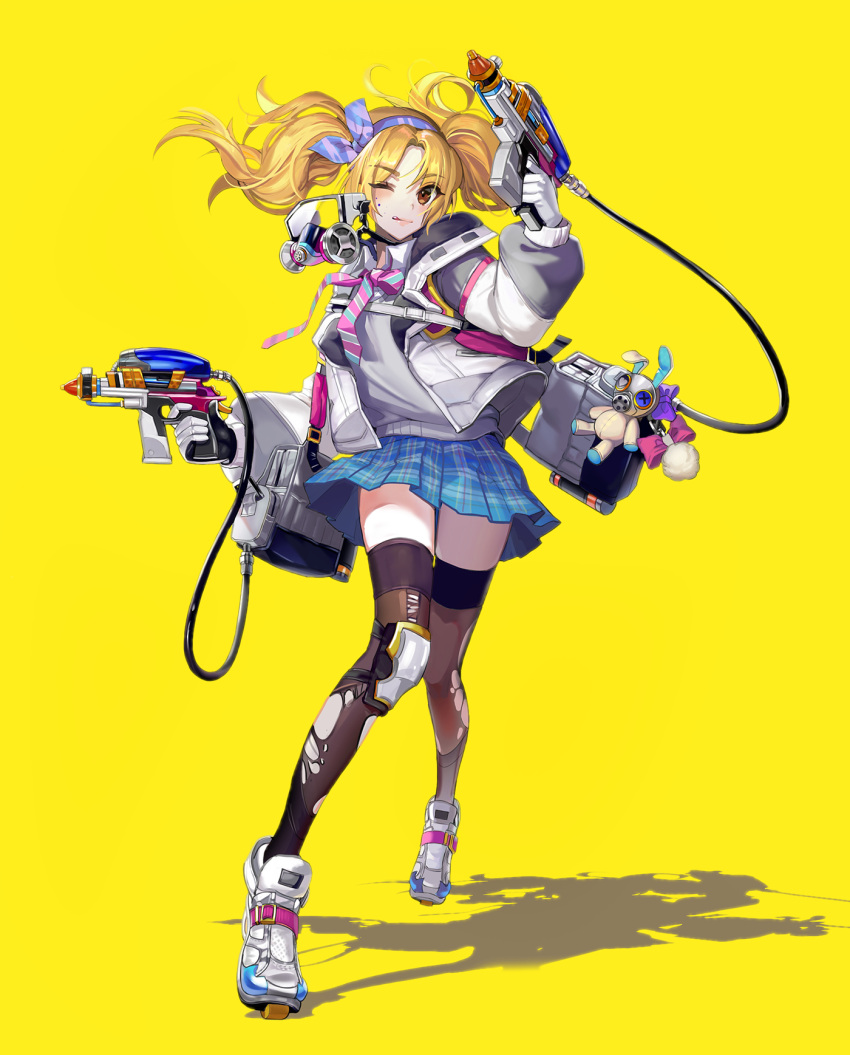 1girl :q bag blonde_hair blue_skirt brown_eyes brown_legwear collared_shirt dual_wielding floating_hair full_body gas_mask gloves grey_jacket grey_sweater gun hairband highres holding holding_gun holding_weapon honnou_(kjs9504) jacket knee_pads long_hair long_sleeves looking_at_viewer mask mask_removed miniskirt mole necktie open_clothes open_jacket original plaid plaid_skirt pleated_skirt puffy_sleeves shadow shirt shoes shoulder_bag skirt sneakers solo striped striped_neckwear stuffed_animal stuffed_bunny stuffed_toy sweater thigh-highs thighs tongue tongue_out torn_clothes torn_legwear twintails undershirt water_gun weapon white_footwear white_gloves white_shirt yellow_background zettai_ryouiki