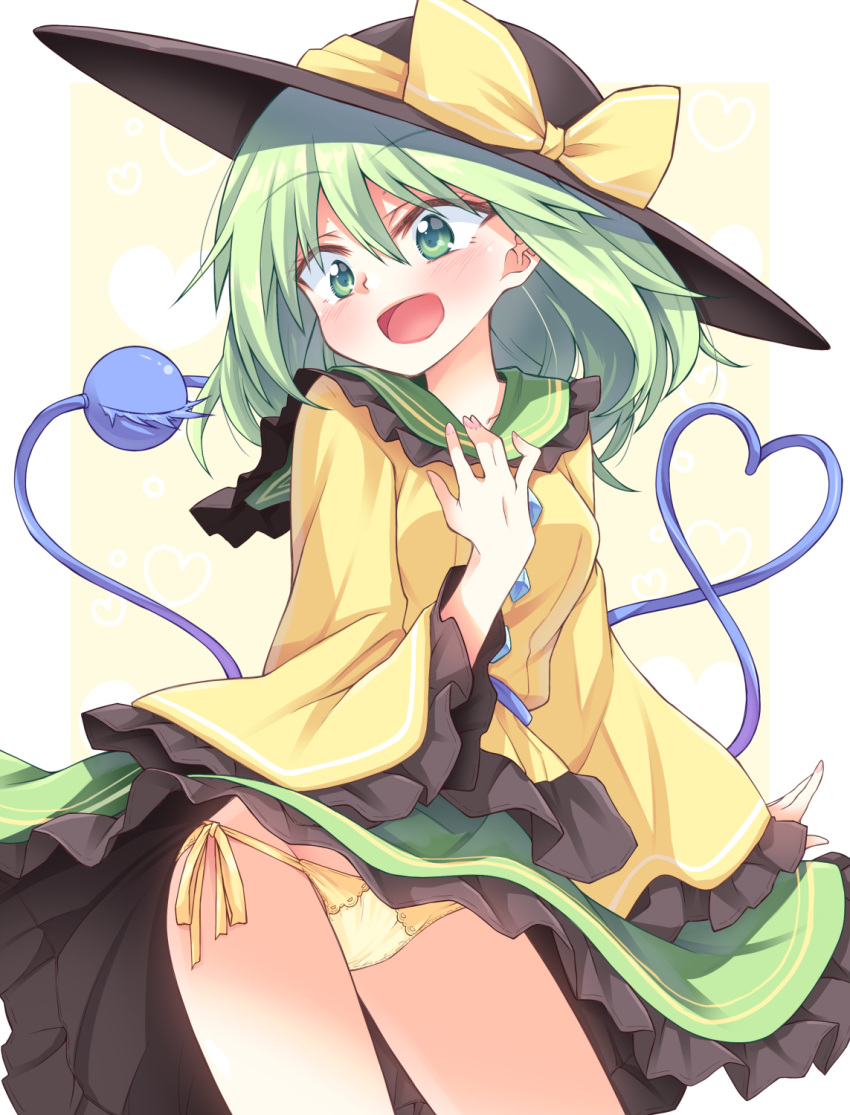 1girl :d bangs black_headwear blush border bow breasts commentary_request cowboy_shot eyebrows_visible_through_hair frilled_shirt_collar frilled_sleeves frills green_eyes green_hair green_skirt hair_between_eyes hand_on_own_chest hat hat_bow head_tilt heart heart_of_string highres ina_(inadahime) komeiji_koishi long_sleeves medium_breasts open_mouth outside_border panties shirt short_hair side-tie_panties simple_background skirt skirt_lift smile solo standing thighs third_eye touhou underwear white_border wide_sleeves yellow_background yellow_bow yellow_panties yellow_shirt