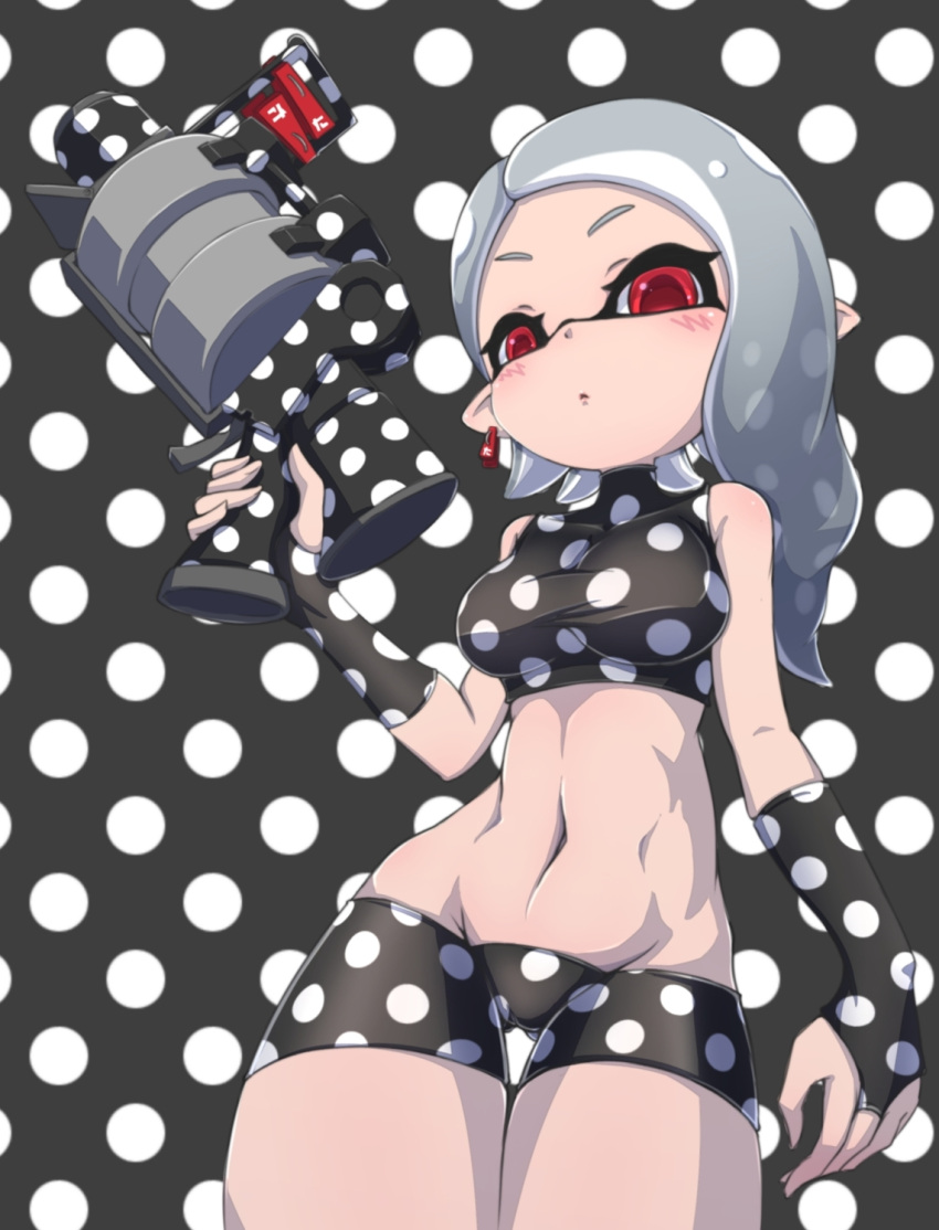 .52_gal_(splatoon) 1girl ass_visible_through_thighs bare_shoulders bikini breasts bridal_gauntlets clothes_pin covered_collarbone cowboy_shot domino_mask hand_up highres holding inkling long_hair mask medium_breasts navel pointy_ears polka_dot polka_dot_background polka_dot_bikini red_eyes shinako silver_hair solo splatoon_(series) splatoon_2 swimsuit tentacle_hair thigh_gap thighs turtleneck