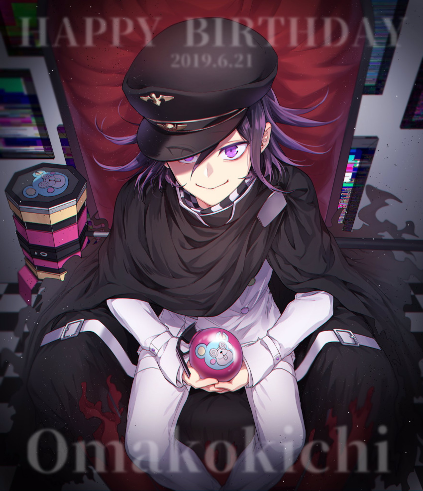 1boy artist_name black_footwear black_hair black_headwear blue_flower cape chair character_name checkered checkered_scarf commentary_request dangan_ronpa dated explosive eyebrows_visible_through_hair eyes_visible_through_hat flower from_above grenade happy_birthday hat highres holding jacket long_sleeves looking_at_viewer male_focus nanin new_dangan_ronpa_v3 ouma_kokichi pants purple_hair scarf short_hair sitting smile solo straitjacket torn_clothes twitter_username umbrella violet_eyes